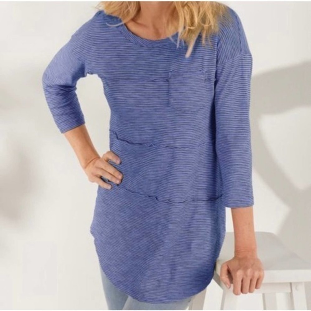 Soft Surroundings Women's Tatum Top Tiered Blue Pocket 3/4 Sleeve Cotton medium